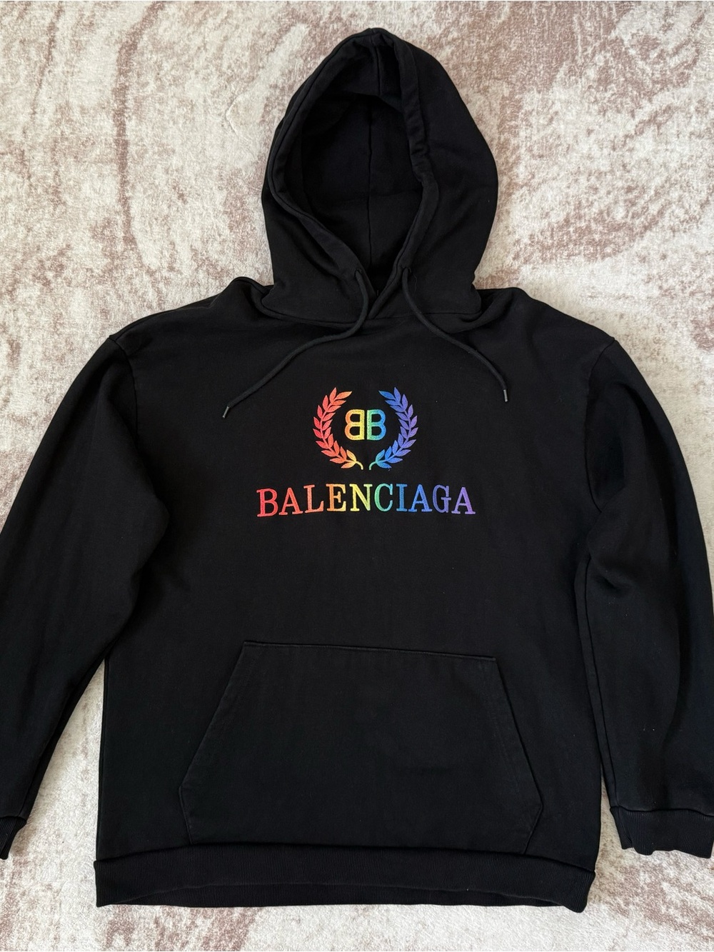 Balenciaga Black Hoodie with Rainbow Laurel Logo